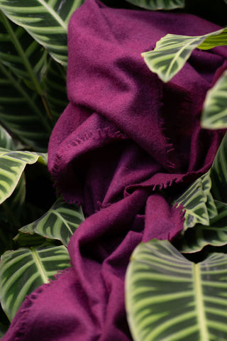 Kasmiri Open Knit Cashmere shawl in Merlot amongst the greenery