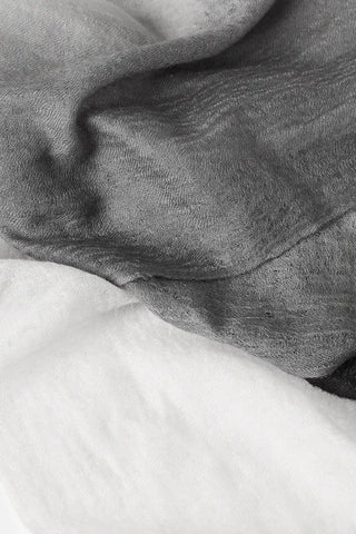close up of grey and white ombre cashmere shawl